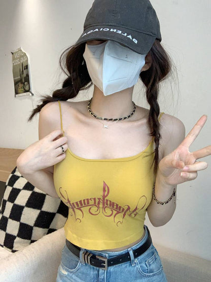 letter print camisole with built-in bra, cropped summer tank top, padded cami for women, hot girl streetwear top, stretchy fitted cami OOTDAY