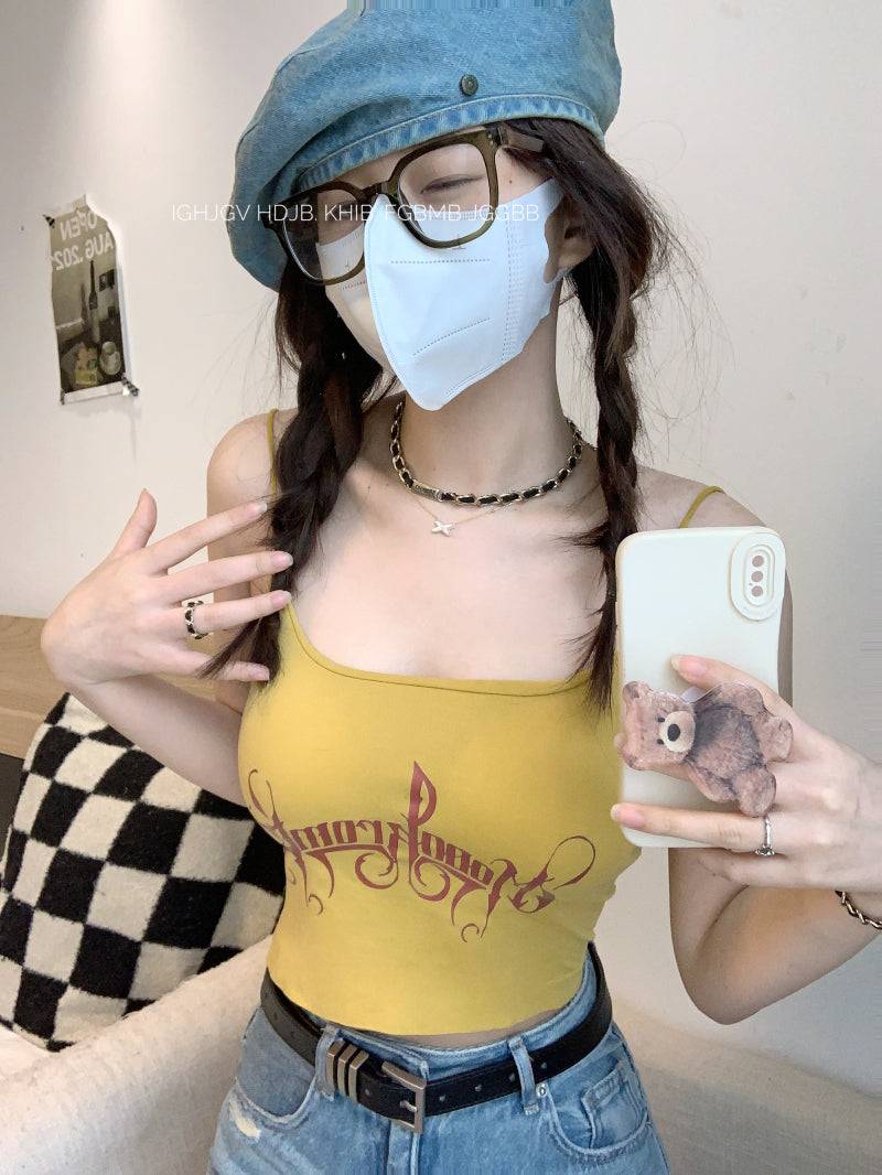 letter print camisole with built-in bra, cropped summer tank top, padded cami for women, hot girl streetwear top, stretchy fitted cami OOTDAY