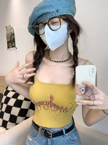 letter print camisole with built-in bra, cropped summer tank top, padded cami for women, hot girl streetwear top, stretchy fitted cami OOTDAY