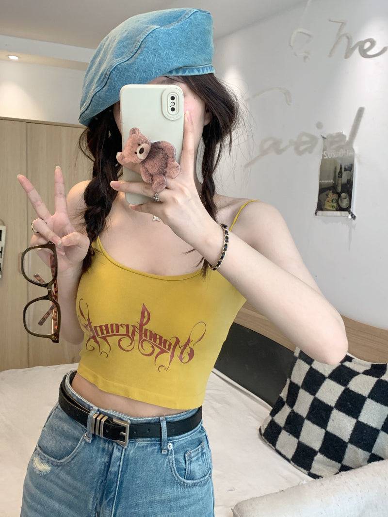 letter print camisole with built-in bra, cropped summer tank top, padded cami for women, hot girl streetwear top, stretchy fitted cami OOTDAY