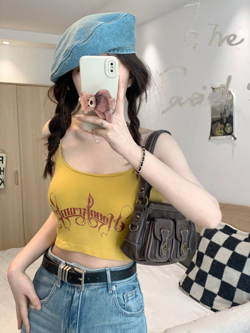 letter print camisole with built-in bra, cropped summer tank top, padded cami for women, hot girl streetwear top, stretchy fitted cami OOTDAY