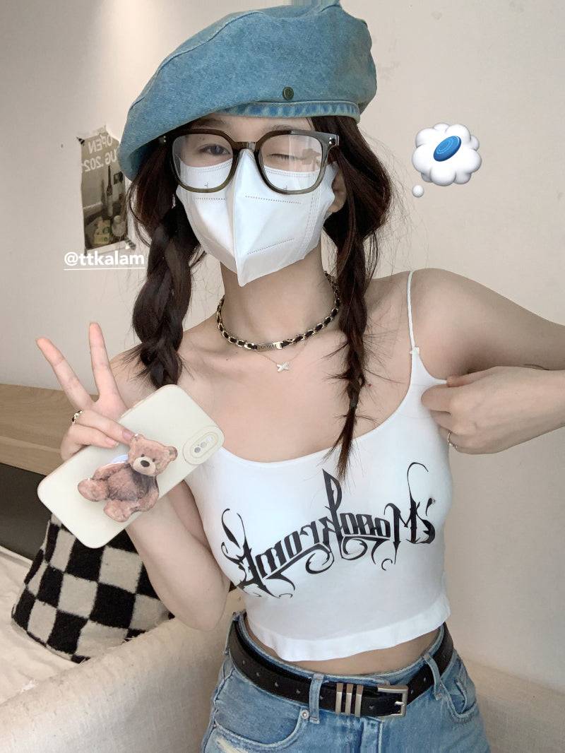 letter print camisole with built-in bra, cropped summer tank top, padded cami for women, hot girl streetwear top, stretchy fitted cami OOTDAY