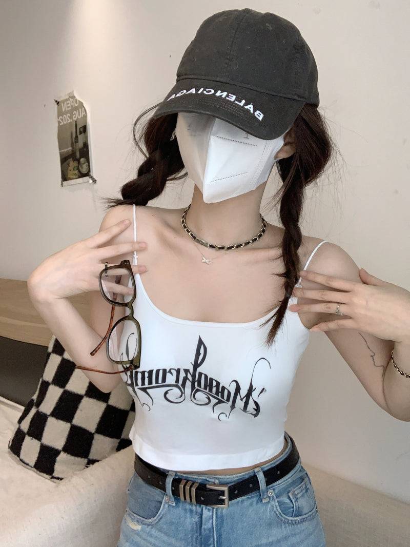 letter print camisole with built-in bra, cropped summer tank top, padded cami for women, hot girl streetwear top, stretchy fitted cami OOTDAY