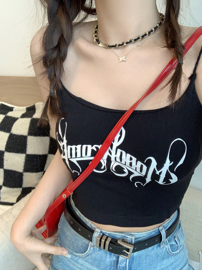 letter print camisole with built-in bra, cropped summer tank top, padded cami for women, hot girl streetwear top, stretchy fitted cami OOTDAY