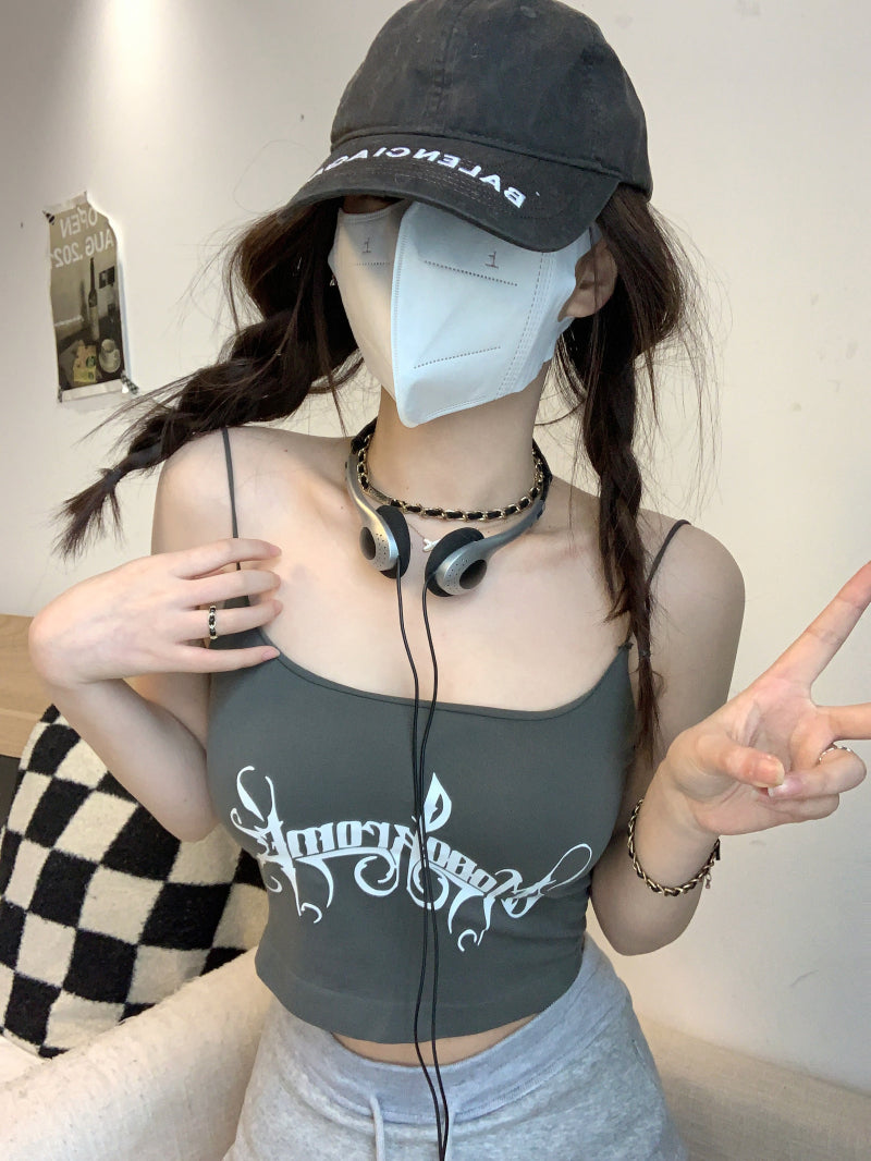 letter print camisole with built-in bra, cropped summer tank top, padded cami for women, hot girl streetwear top, stretchy fitted cami OOTDAY