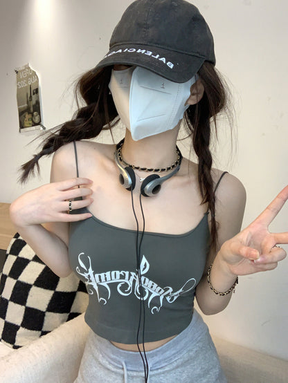 letter print camisole with built-in bra, cropped summer tank top, padded cami for women, hot girl streetwear top, stretchy fitted cami OOTDAY