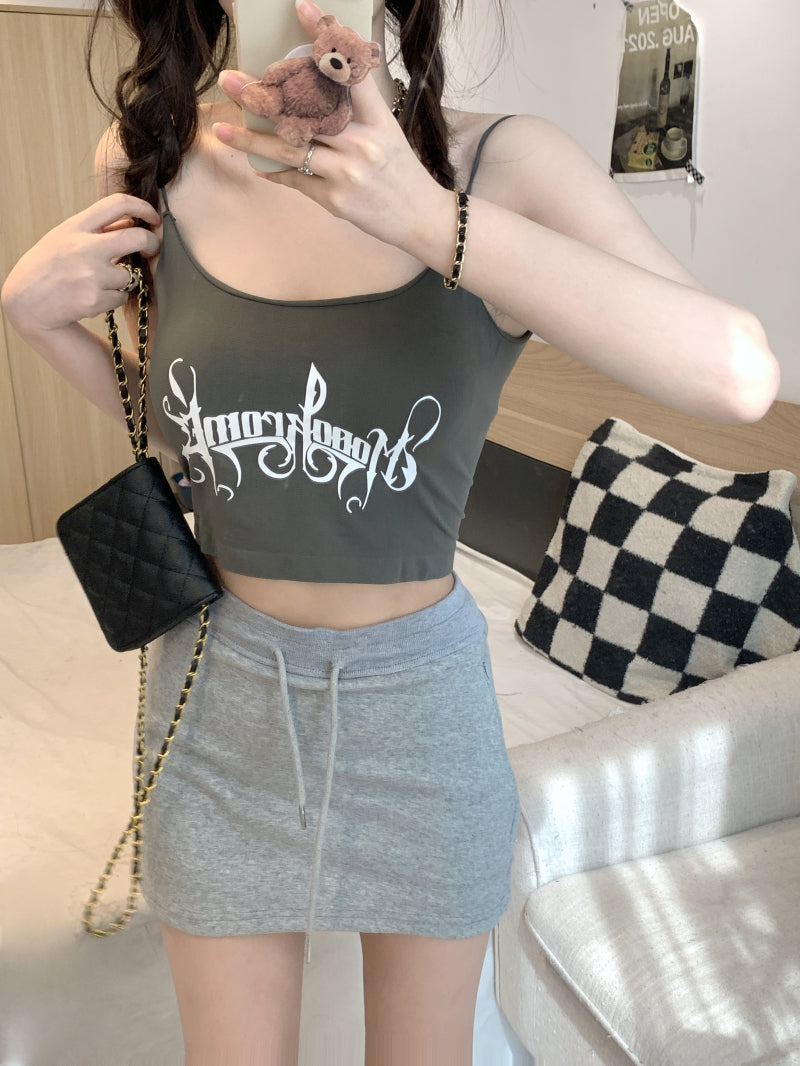 letter print camisole with built-in bra, cropped summer tank top, padded cami for women, hot girl streetwear top, stretchy fitted cami OOTDAY