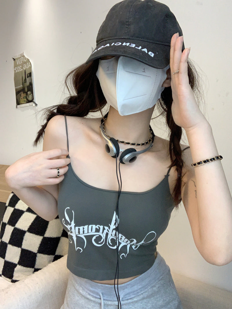 letter print camisole with built-in bra, cropped summer tank top, padded cami for women, hot girl streetwear top, stretchy fitted cami OOTDAY
