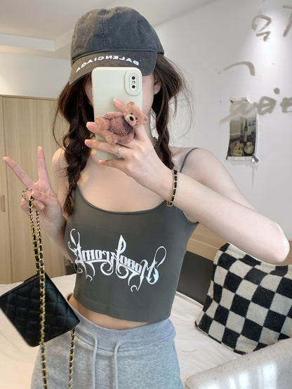 letter print camisole with built-in bra, cropped summer tank top, padded cami for women, hot girl streetwear top, stretchy fitted cami OOTDAY