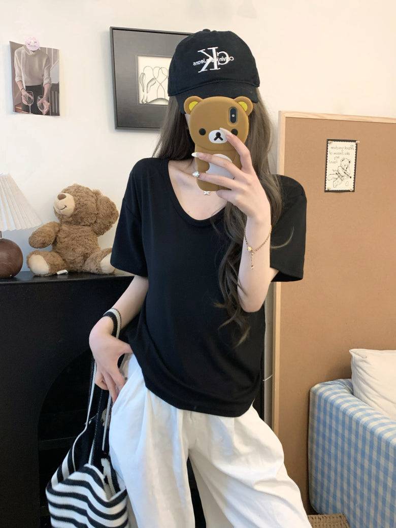 u-neck short sleeve tee for women, slim fit summer t-shirt, relaxed casual basic tee, OOTDAY soft tee top, everyday versatile shirt