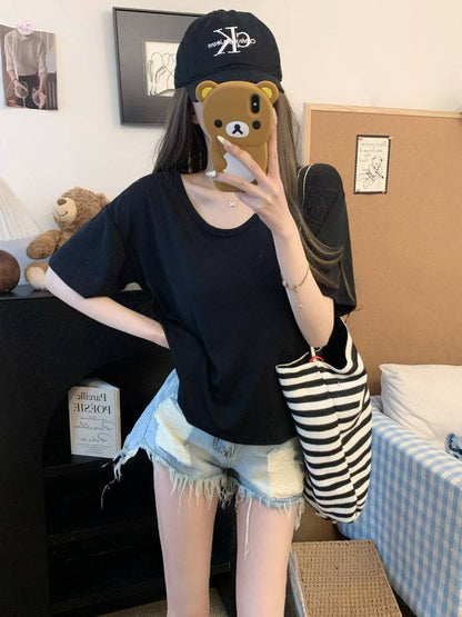 u-neck short sleeve tee for women, slim fit summer t-shirt, relaxed casual basic tee, OOTDAY soft tee top, everyday versatile shirt