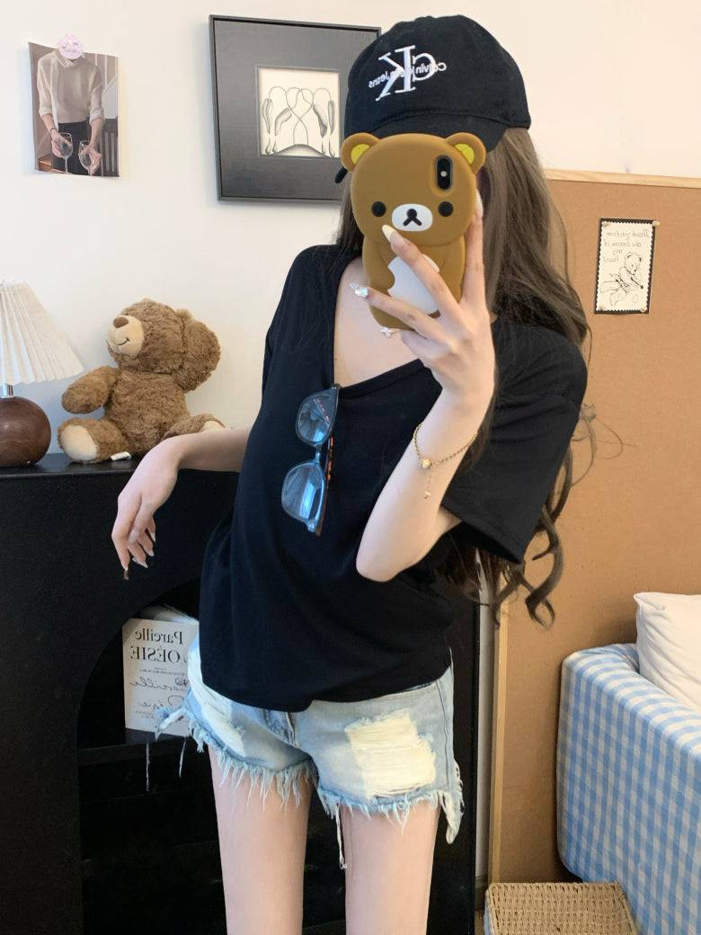 u-neck short sleeve tee for women, slim fit summer t-shirt, relaxed casual basic tee, OOTDAY soft tee top, everyday versatile shirt