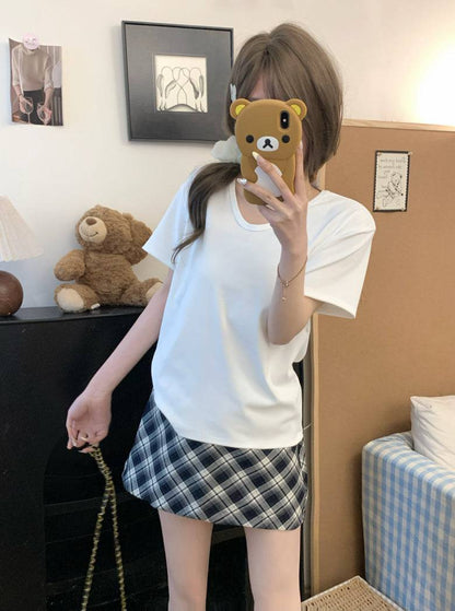 u-neck short sleeve tee for women, slim fit summer t-shirt, relaxed casual basic tee, OOTDAY soft tee top, everyday versatile shirt