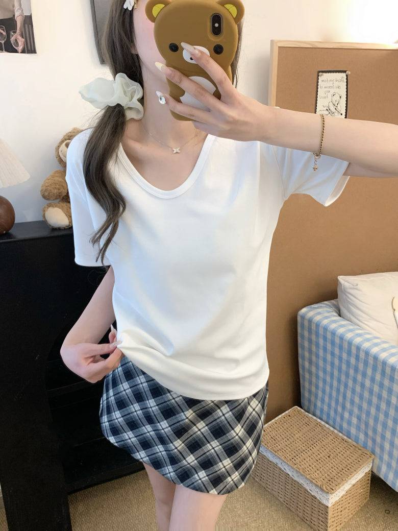 u-neck short sleeve tee for women, slim fit summer t-shirt, relaxed casual basic tee, OOTDAY soft tee top, everyday versatile shirt