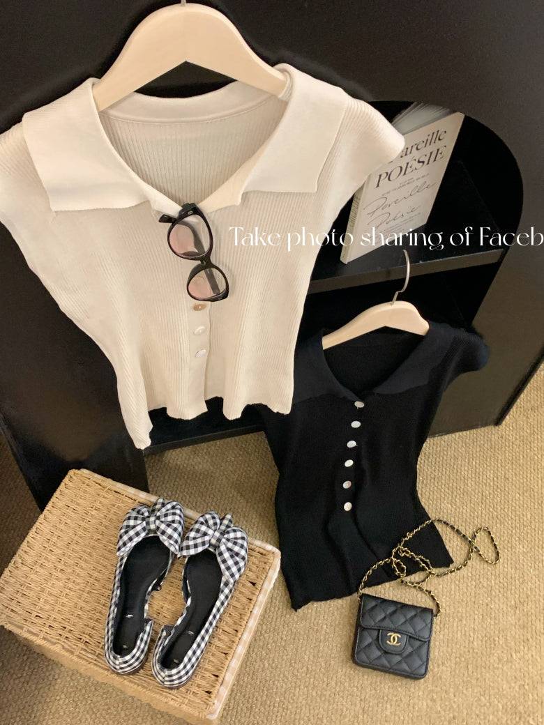 polo collar sleeveless knit cardigan, black knit summer vest, chic buttoned top, youthful slim fit knitwear, versatile summer knit vest