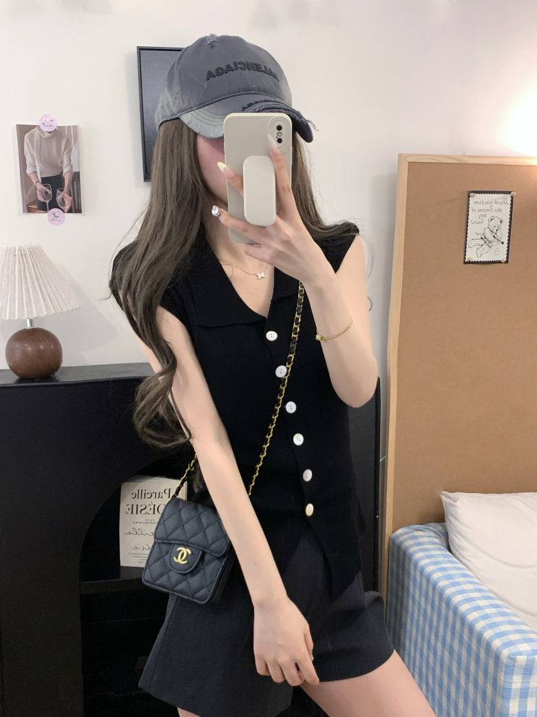 polo collar sleeveless knit cardigan, black knit summer vest, chic buttoned top, youthful slim fit knitwear, versatile summer knit vest