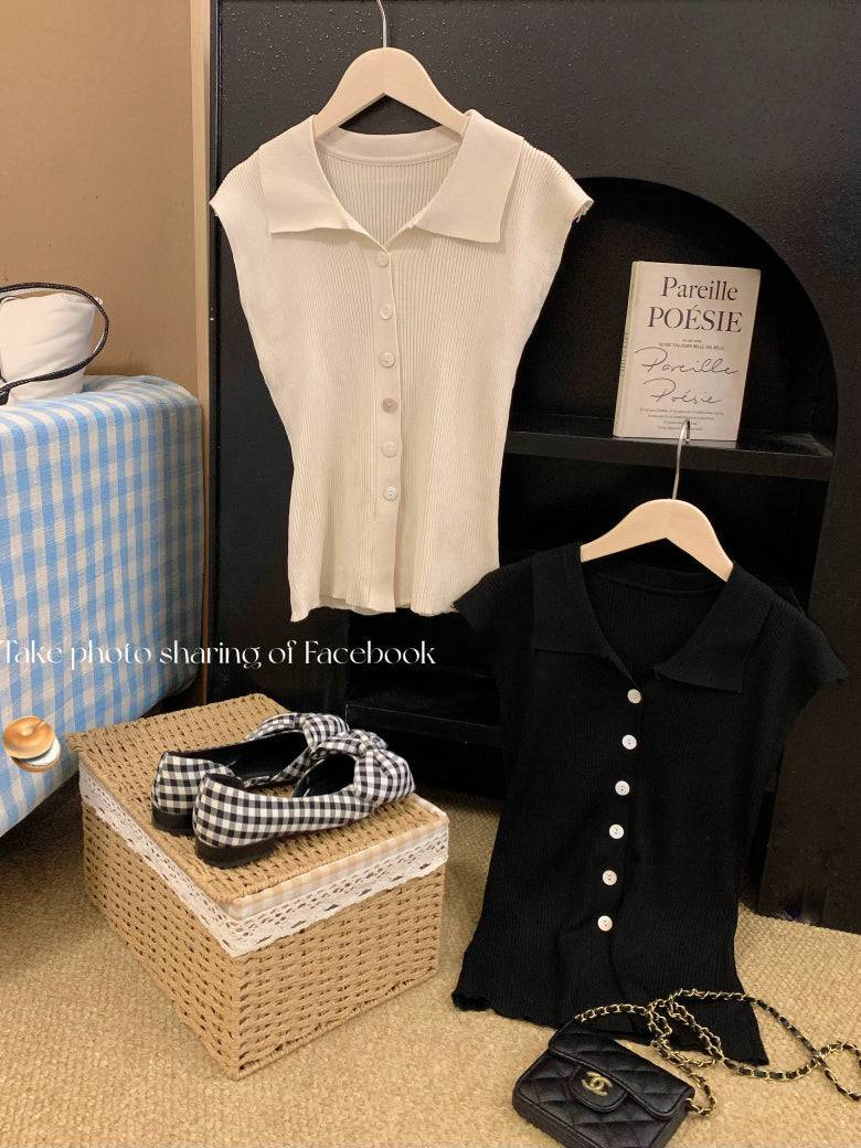 polo collar sleeveless knit cardigan, black knit summer vest, chic buttoned top, youthful slim fit knitwear, versatile summer knit vest