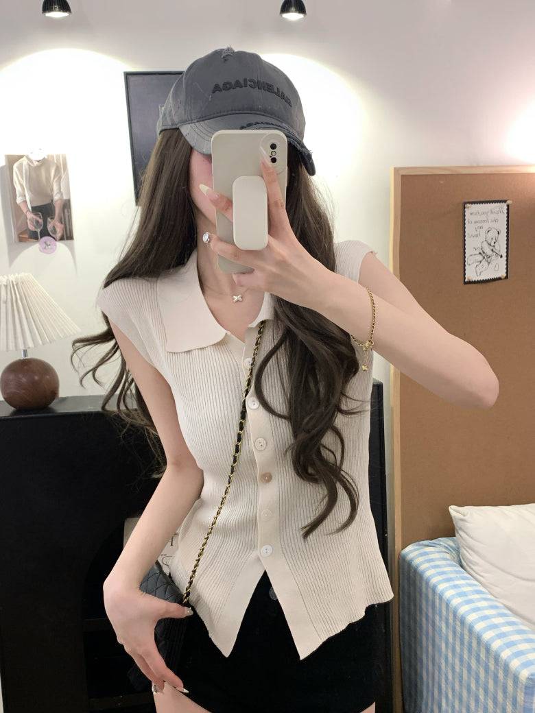 polo collar sleeveless knit cardigan, black knit summer vest, chic buttoned top, youthful slim fit knitwear, versatile summer knit vest