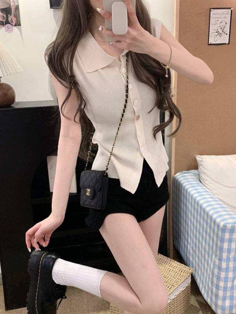 polo collar sleeveless knit cardigan, black knit summer vest, chic buttoned top, youthful slim fit knitwear, versatile summer knit vest