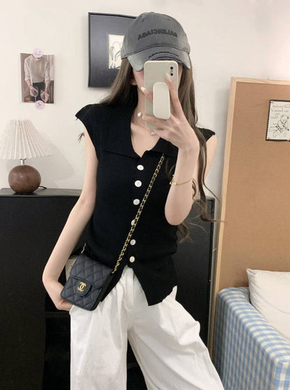polo collar sleeveless knit cardigan, black knit summer vest, chic buttoned top, youthful slim fit knitwear, versatile summer knit vest