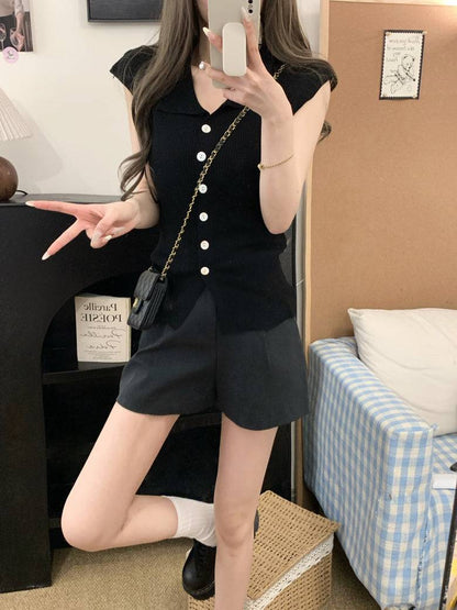 polo collar sleeveless knit cardigan, black knit summer vest, chic buttoned top, youthful slim fit knitwear, versatile summer knit vest