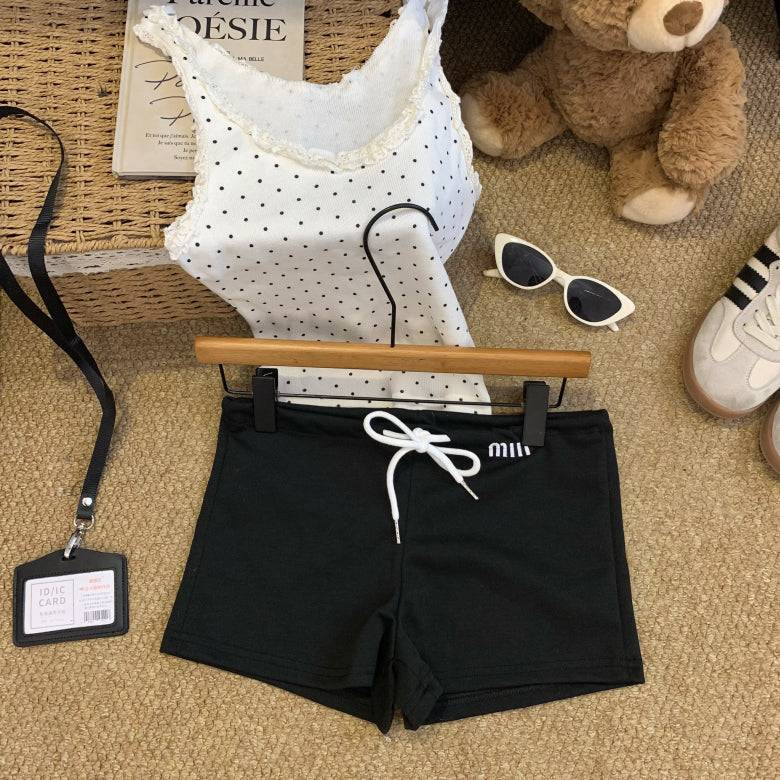 high-waisted sporty shorts, drawstring A-line shorts, sweet summer hot pants, casual athletic shorts for women, preppy style sporty shorts