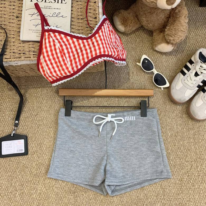 high-waisted sporty shorts, drawstring A-line shorts, sweet summer hot pants, casual athletic shorts for women, preppy style sporty shorts