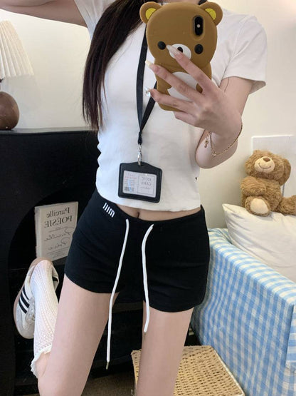 high-waisted sporty shorts, drawstring A-line shorts, sweet summer hot pants, casual athletic shorts for women, preppy style sporty shorts
