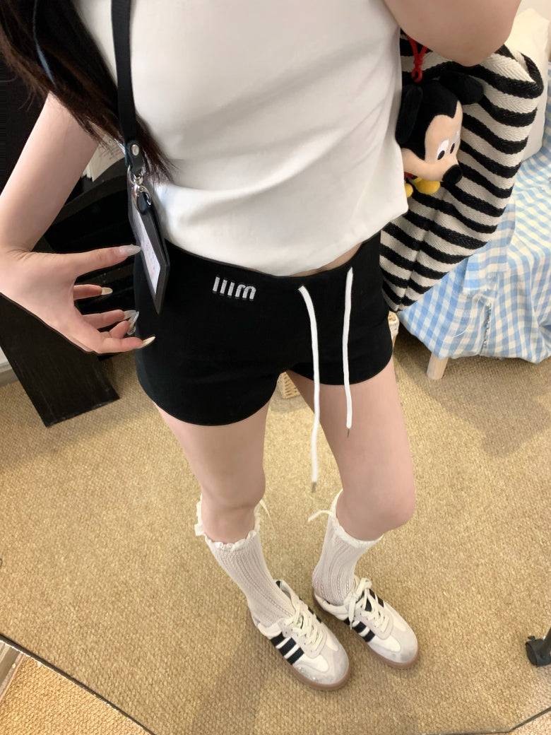 high-waisted sporty shorts, drawstring A-line shorts, sweet summer hot pants, casual athletic shorts for women, preppy style sporty shorts