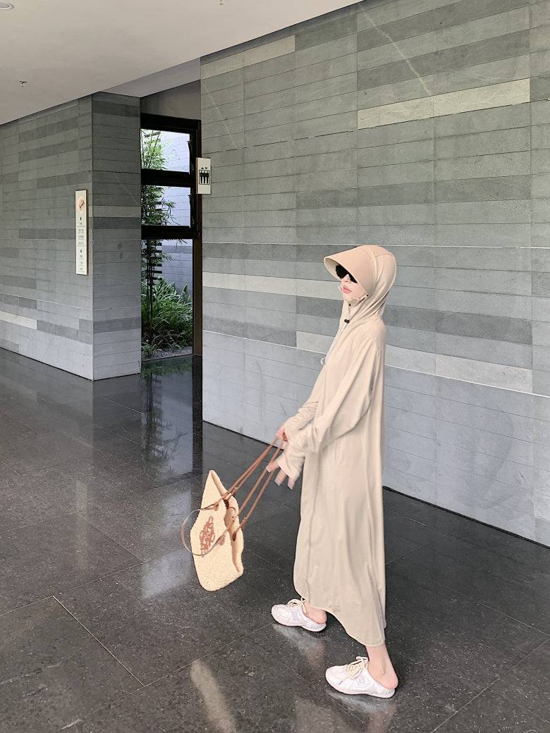 ultra-long sun protection coat, ice silk UV cover-up, lightweight summer sun jacket, full body sunblock clothing, breathable sweet style sunscreen coat