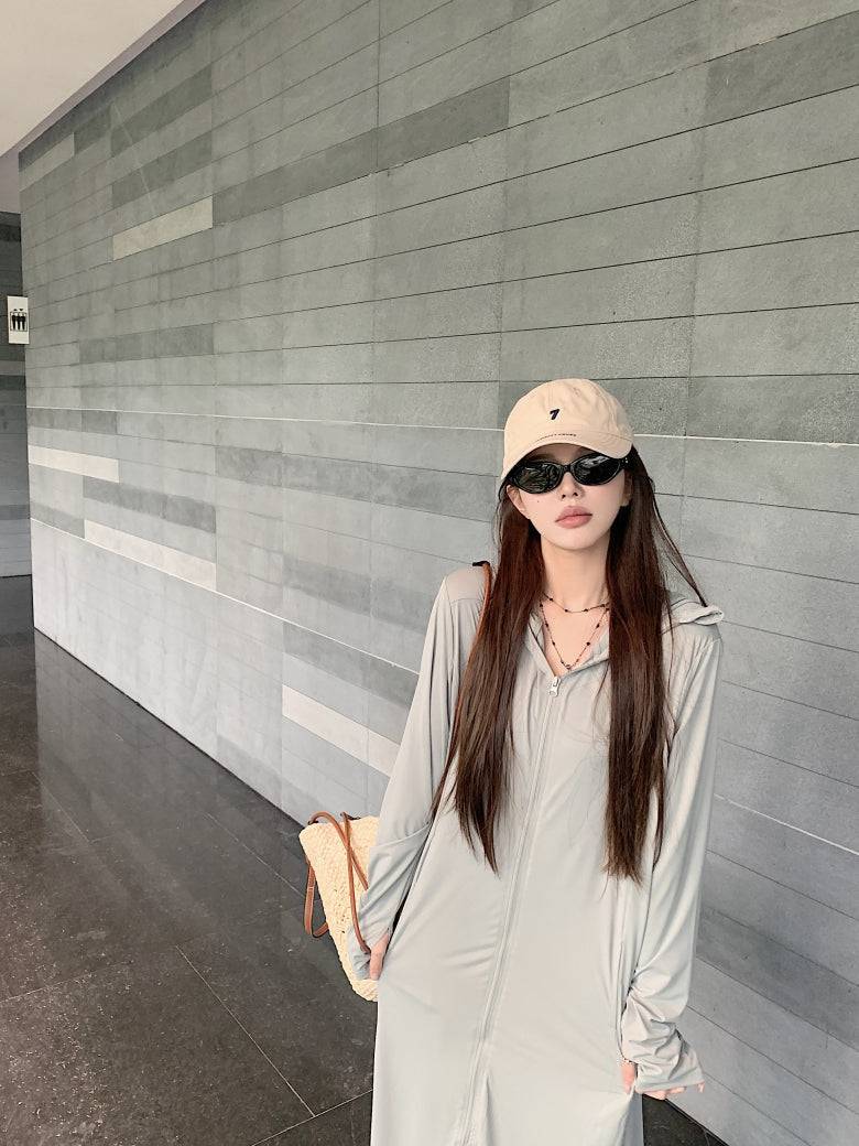 ultra-long sun protection coat, ice silk UV cover-up, lightweight summer sun jacket, full body sunblock clothing, breathable sweet style sunscreen coat