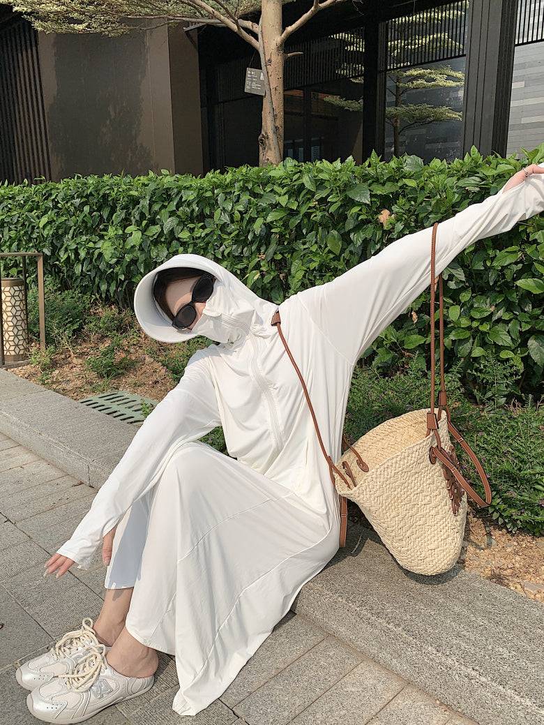 ultra-long sun protection coat, ice silk UV cover-up, lightweight summer sun jacket, full body sunblock clothing, breathable sweet style sunscreen coat