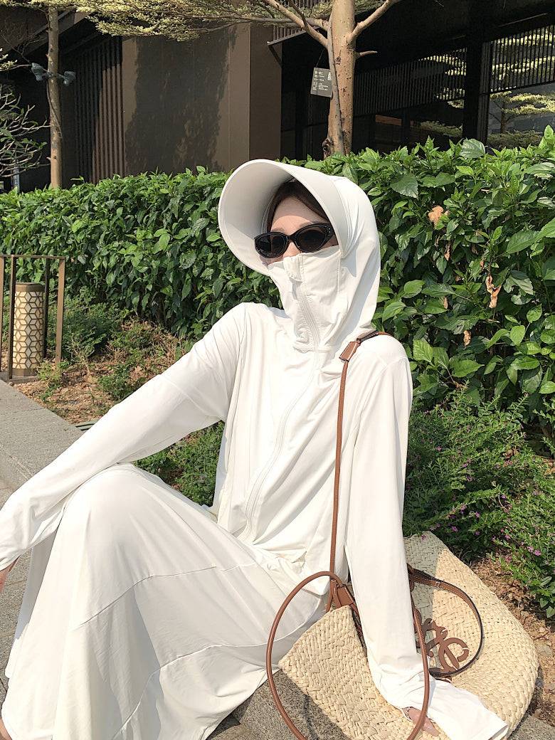 ultra-long sun protection coat, ice silk UV cover-up, lightweight summer sun jacket, full body sunblock clothing, breathable sweet style sunscreen coat