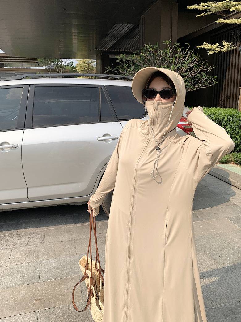 ultra-long sun protection coat, ice silk UV cover-up, lightweight summer sun jacket, full body sunblock clothing, breathable sweet style sunscreen coat