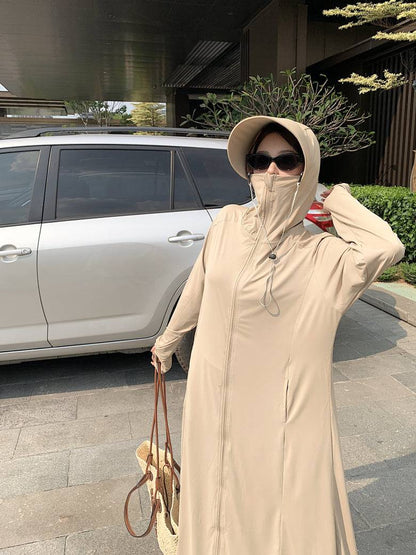 ultra-long sun protection coat, ice silk UV cover-up, lightweight summer sun jacket, full body sunblock clothing, breathable sweet style sunscreen coat
