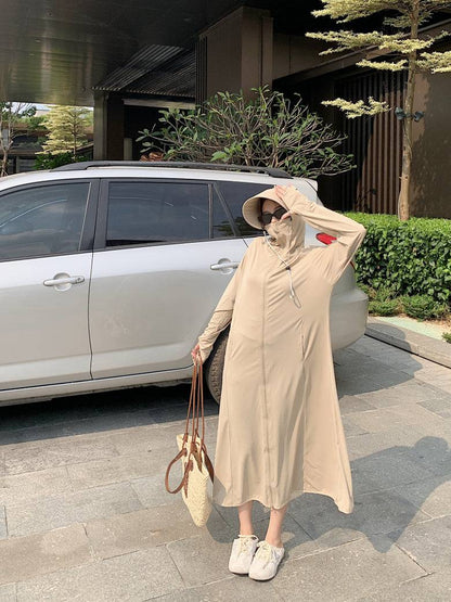 ultra-long sun protection coat, ice silk UV cover-up, lightweight summer sun jacket, full body sunblock clothing, breathable sweet style sunscreen coat
