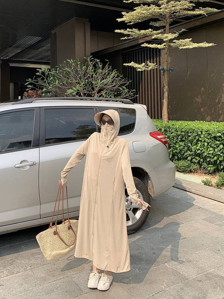 ultra-long sun protection coat, ice silk UV cover-up, lightweight summer sun jacket, full body sunblock clothing, breathable sweet style sunscreen coat
