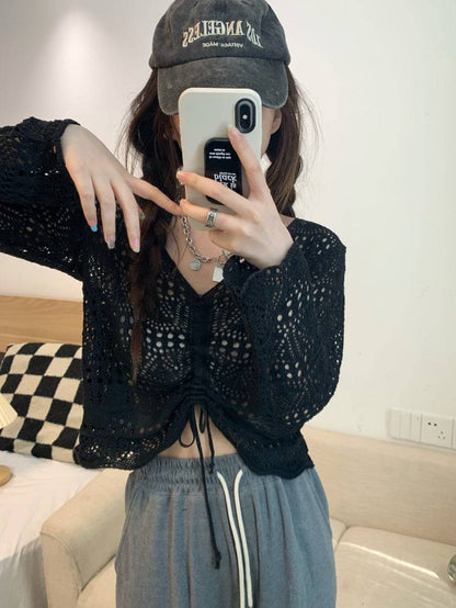korean hollow-out knit pullover, lightweight summer knit top, v-neck drawstring knitwear, loose fit sun protection sweater, korean style summer layering top