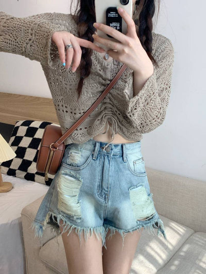 korean hollow-out knit pullover, lightweight summer knit top, v-neck drawstring knitwear, loose fit sun protection sweater, korean style summer layering top