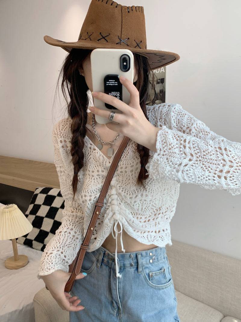 korean hollow-out knit pullover, lightweight summer knit top, v-neck drawstring knitwear, loose fit sun protection sweater, korean style summer layering top