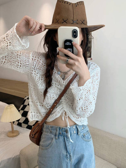 korean hollow-out knit pullover, lightweight summer knit top, v-neck drawstring knitwear, loose fit sun protection sweater, korean style summer layering top
