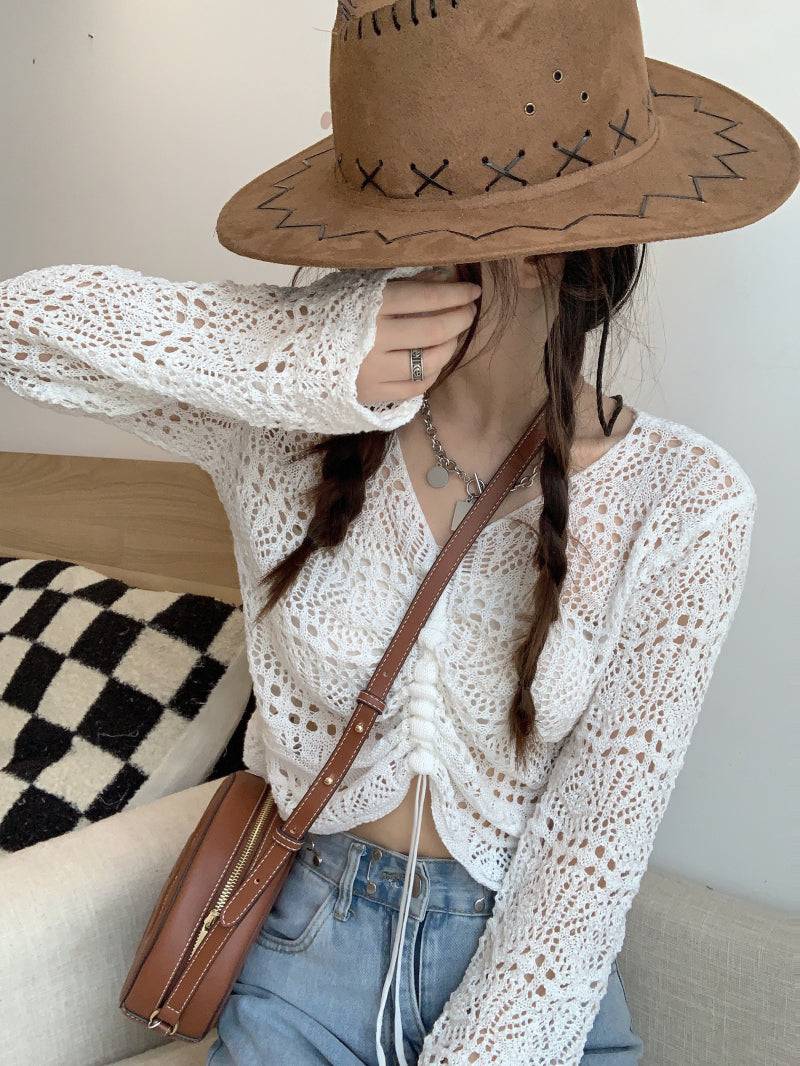 korean hollow-out knit pullover, lightweight summer knit top, v-neck drawstring knitwear, loose fit sun protection sweater, korean style summer layering top