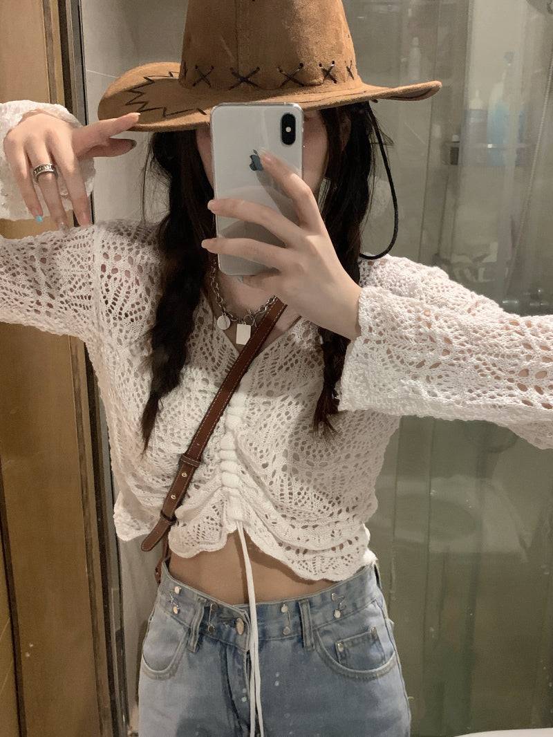 korean hollow-out knit pullover, lightweight summer knit top, v-neck drawstring knitwear, loose fit sun protection sweater, korean style summer layering top