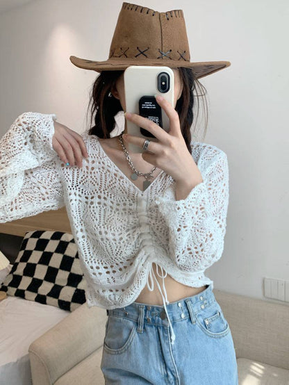 korean hollow-out knit pullover, lightweight summer knit top, v-neck drawstring knitwear, loose fit sun protection sweater, korean style summer layering top