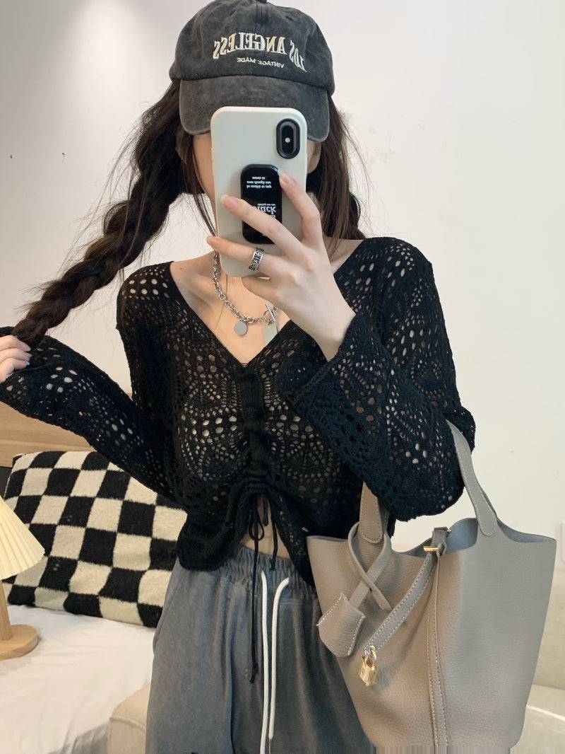 korean hollow-out knit pullover, lightweight summer knit top, v-neck drawstring knitwear, loose fit sun protection sweater, korean style summer layering top