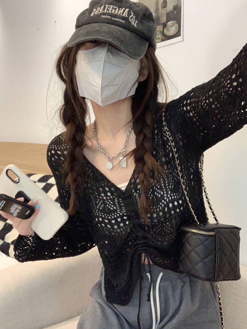 korean hollow-out knit pullover, lightweight summer knit top, v-neck drawstring knitwear, loose fit sun protection sweater, korean style summer layering top