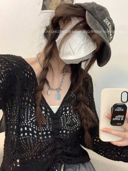 korean hollow-out knit pullover, lightweight summer knit top, v-neck drawstring knitwear, loose fit sun protection sweater, korean style summer layering top