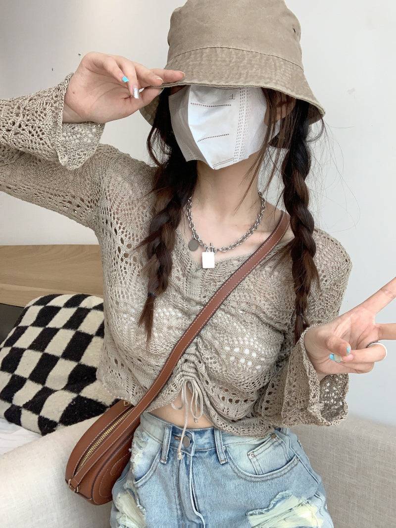 korean hollow-out knit pullover, lightweight summer knit top, v-neck drawstring knitwear, loose fit sun protection sweater, korean style summer layering top