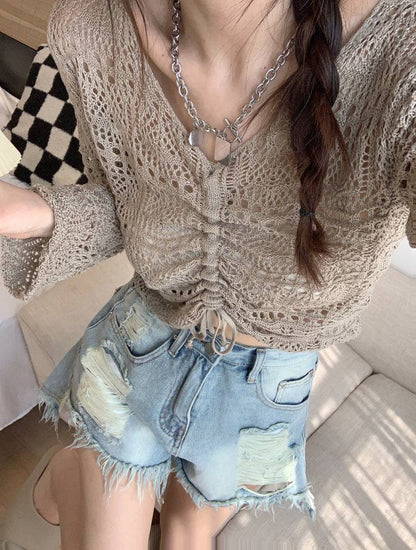 korean hollow-out knit pullover, lightweight summer knit top, v-neck drawstring knitwear, loose fit sun protection sweater, korean style summer layering top