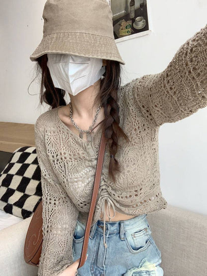 korean hollow-out knit pullover, lightweight summer knit top, v-neck drawstring knitwear, loose fit sun protection sweater, korean style summer layering top